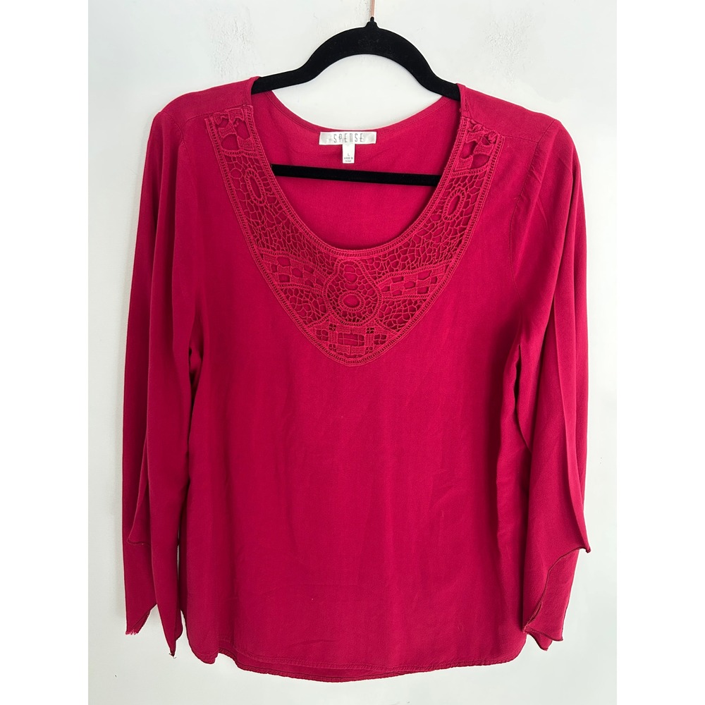 Spense Womens Red Crochet Lace Yoke Viscose Blouse Long Sleeve Top Size‎ L
